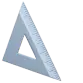 Esquadro triangular cinza com marcações de régua nas bordas, usado para desenho técnico ou escolar.