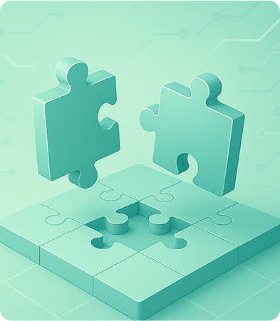 Imagem de um quebra cabeças com uma peça faltando e duas peças flutuando em cima do quebra cabeças.