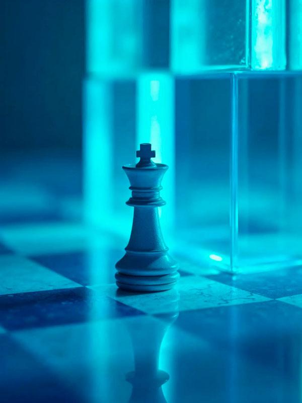 Um rei de xadrez cinza-escuro repousa sobre um tabuleiro quadriculado em azul. Ao fundo, blocos de vidro azulados e a luz refletida no piso reforçam uma ambientação sofisticada e estratégica. A imagem evoca temas de liderança, tomada de decisão e poder.
