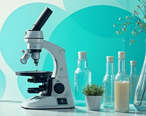 Microscópio e materiais de laboratório